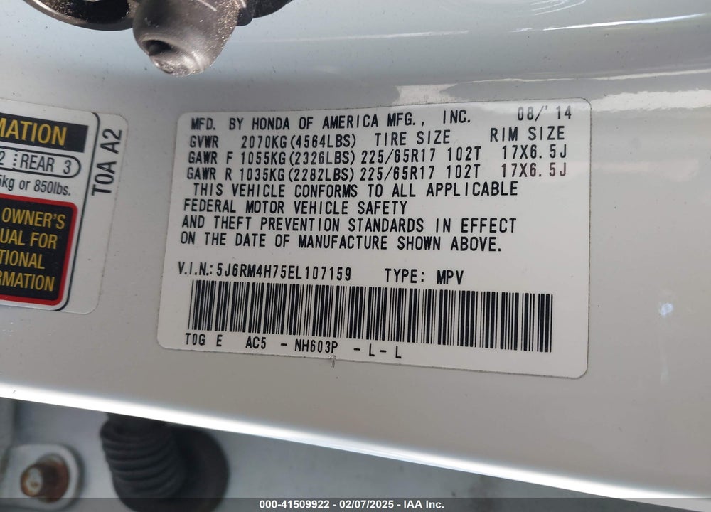 2014 HONDA CR-V EX-L VIN: 5J6RM4H75EL107159