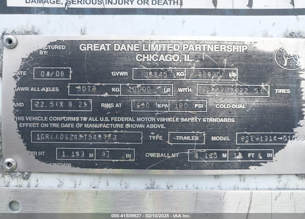 2009 GREAT DANE TRAILERS --- VIN: 1GRAA06249T549793