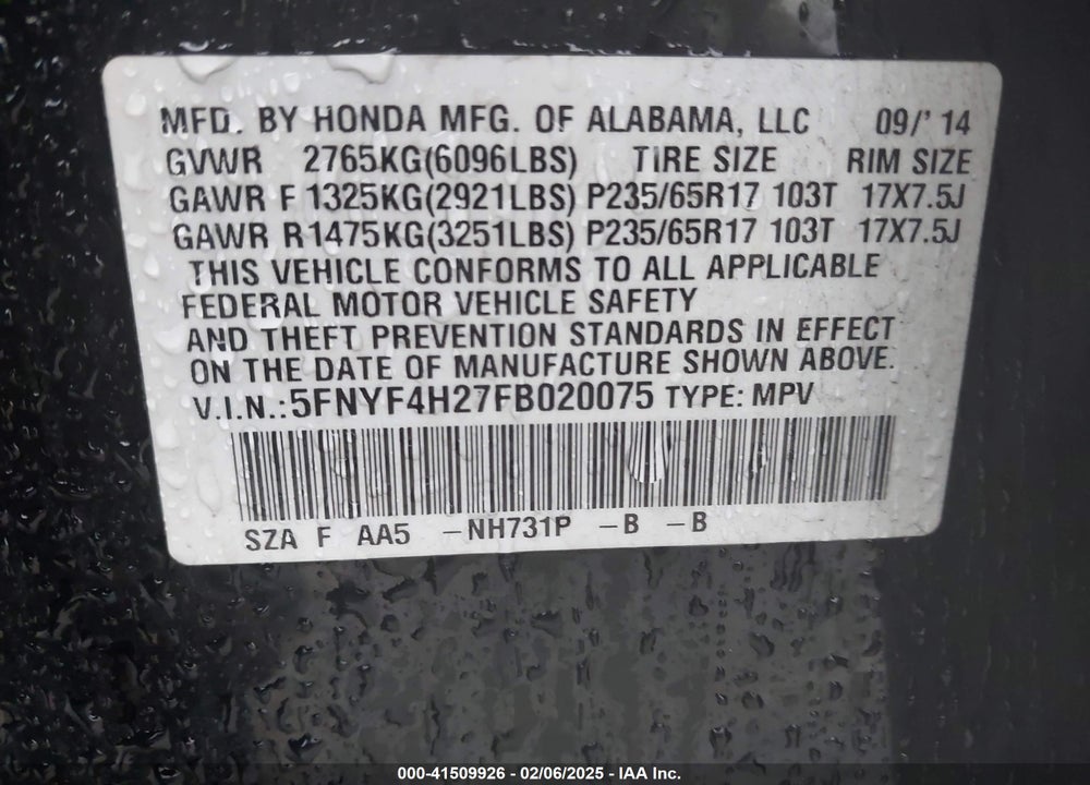 2015 HONDA PILOT VIN: 5FNYF4H27FB020075