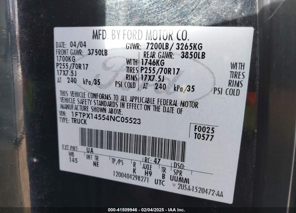 2004 FORD F-150 FX4/LARIAT/XL/XLT VIN: 1FTPX14554NC05523
