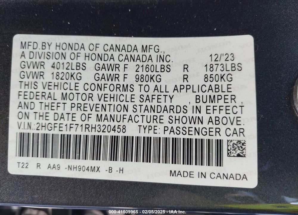 2024 HONDA CIVIC VIN: 2HGFE1F71RH320458