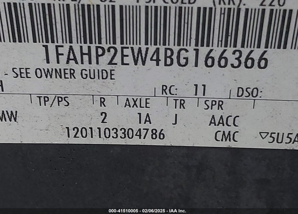 2011 FORD TAURUS VIN: 1FAHP2EW4BG166366