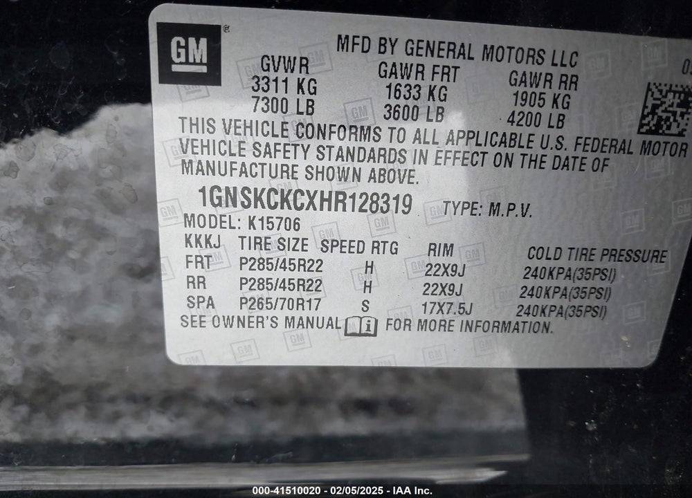 2017 CHEVROLET TAHOE PREMIER VIN: 1GNSKCKCXHR128319