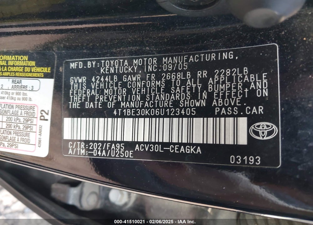 2006 TOYOTA CAMRY XLE VIN: 4T1BE30K06U123405