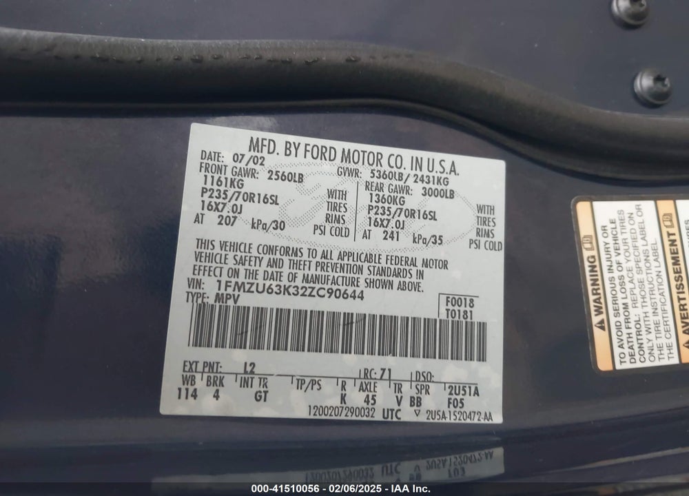 2002 FORD EXPLORER XLT VIN: 1FMZU63K32ZC90644