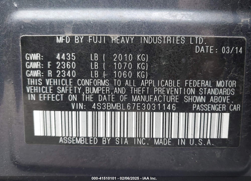 2014 SUBARU LEGACY VIN: 4S3BMBL67E3031146