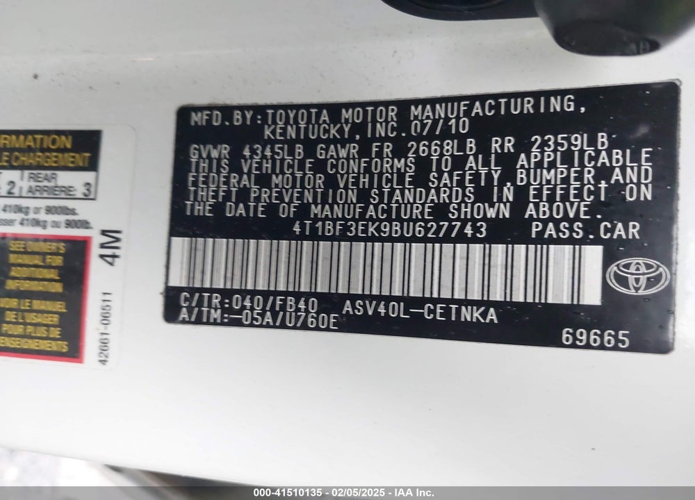 2011 TOYOTA CAMRY VIN: 4T1BF3EK9BU627743