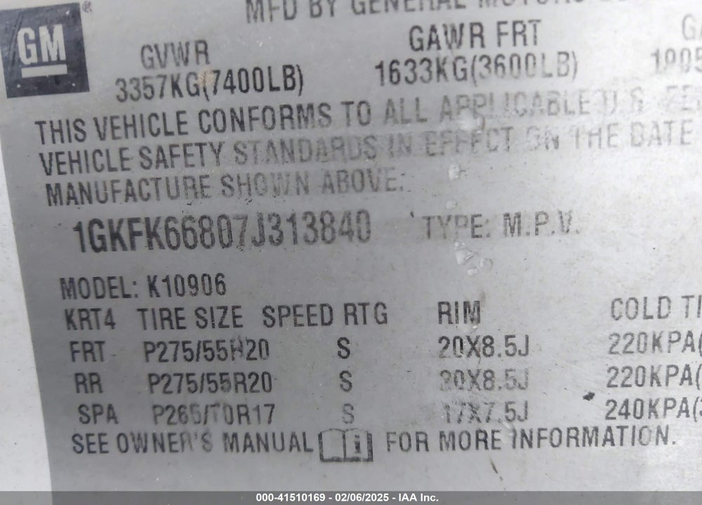 2007 GMC YUKON XL 1500 DENALI VIN: 1GKFK66807J313840