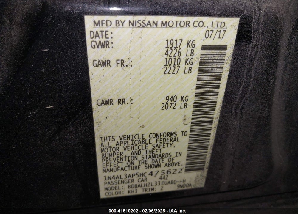 2017 NISSAN ALTIMA VIN: 1N4AL3AP5HC475622