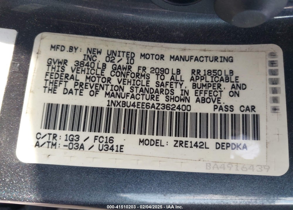 2010 TOYOTA COROLLA VIN: 1NXBU4EE6AZ362400