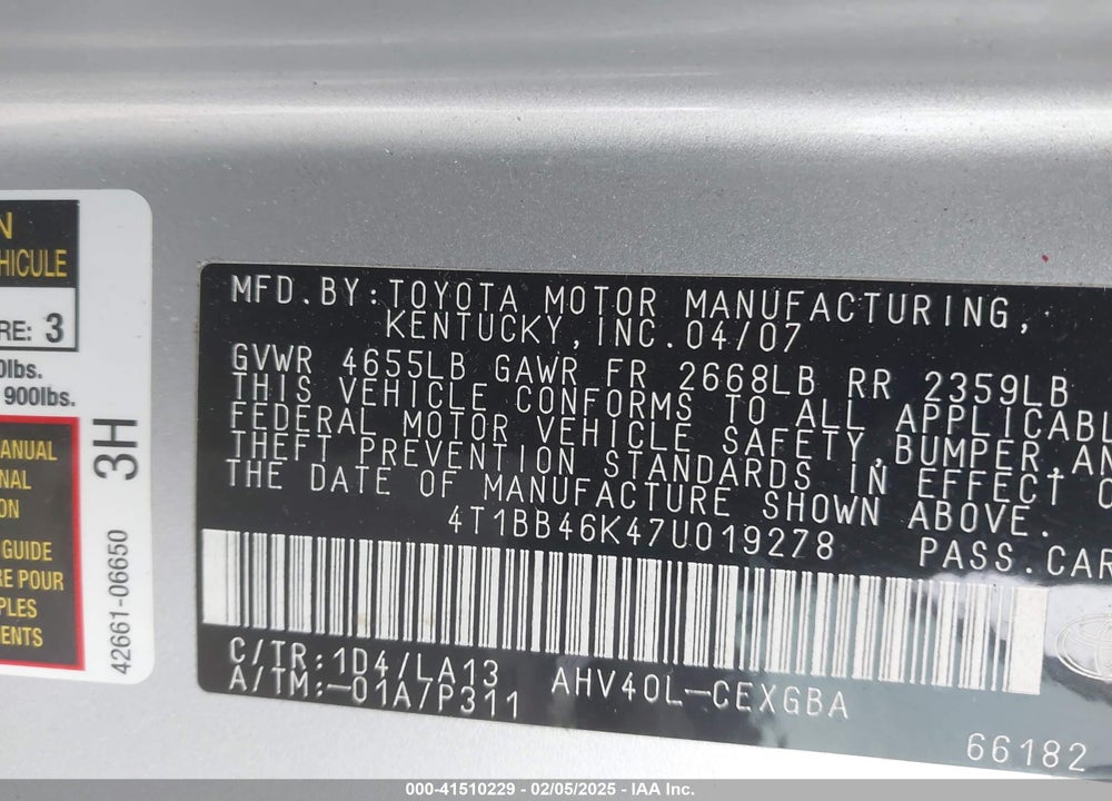 2007 TOYOTA CAMRY HYBRID VIN: 4T1BB46K47U019278