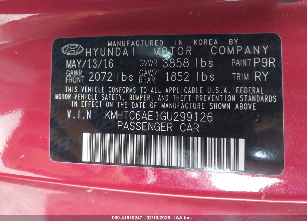 2016 HYUNDAI VELOSTER VIN: KMHTC6AE1GU299126