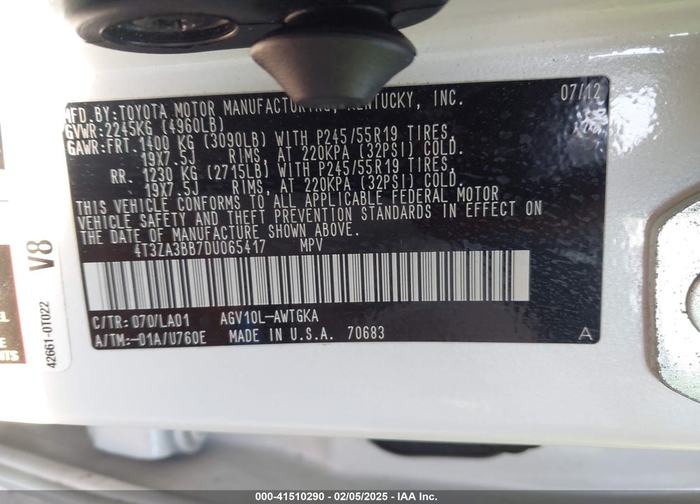 2013 TOYOTA VENZA LE/XLE VIN: 4T3ZA3BB7DU065417