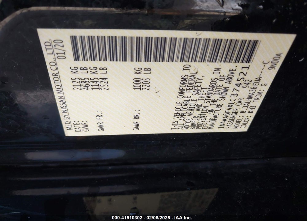 2020 NISSAN MAXIMA VIN: 1N4AA6FVXLC374521