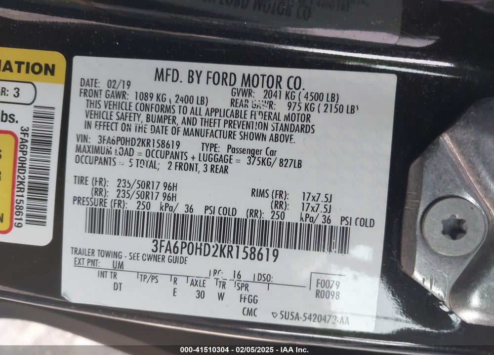2019 FORD FUSION VIN: 3FA6P0HD2KR158619