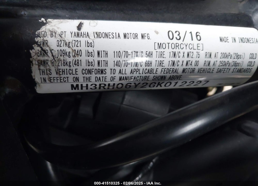 2016 YAMAHA YZFR3 VIN: MH3RH06Y2GK012227