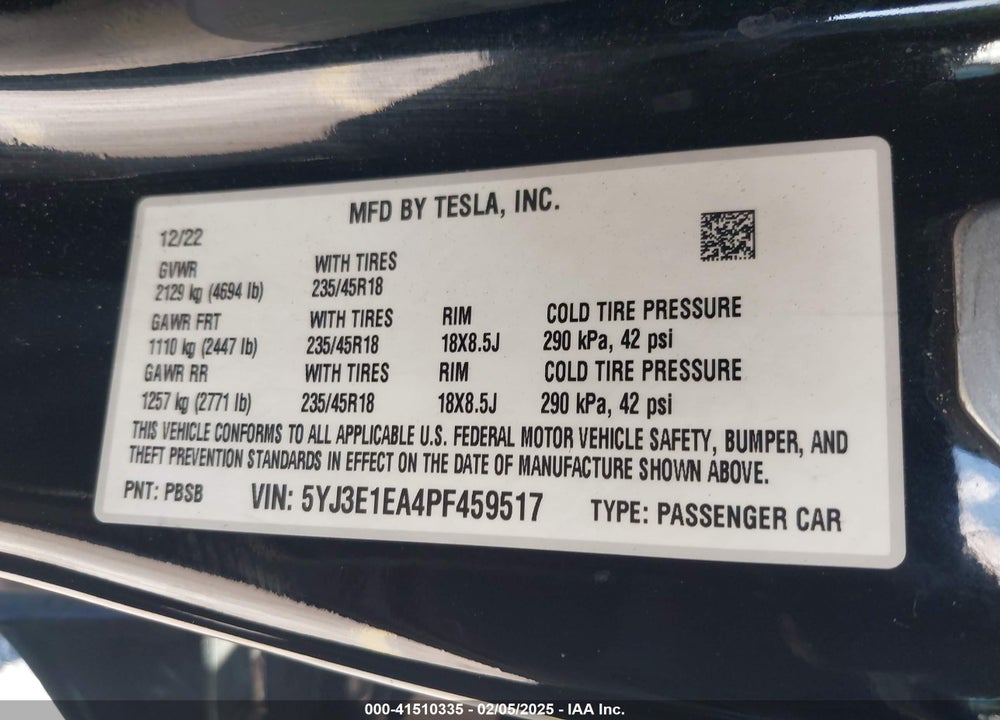 2023 TESLA MODEL 3 REAR-WHEEL DRIVE VIN: 5YJ3E1EA4PF459517