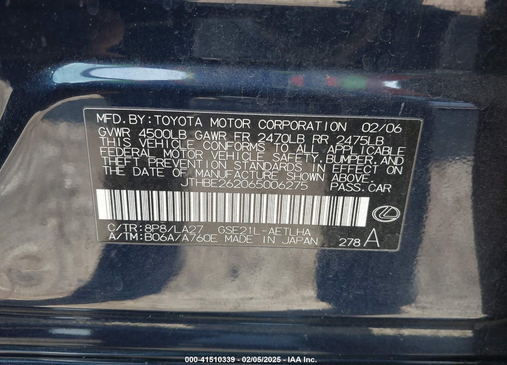 2006 LEXUS IS 350 VIN: JTHBE262065006275