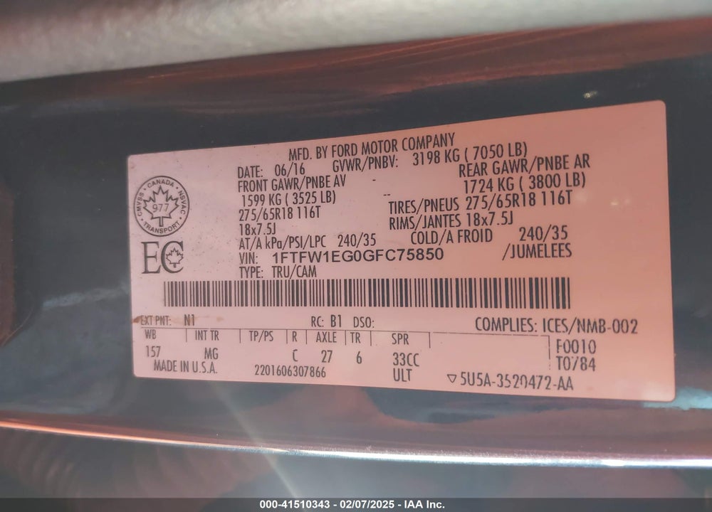 2016 FORD F-150 VIN: 1FTFW1EG0GFC75850