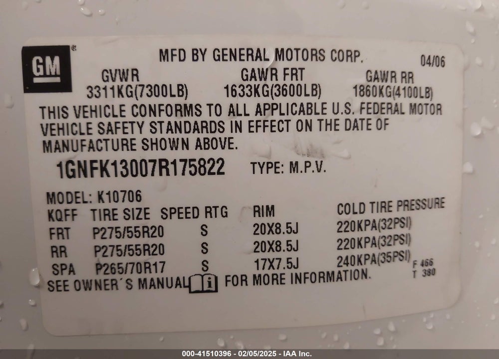 2007 CHEVROLET TAHOE LTZ VIN: 1GNFK13007R175822