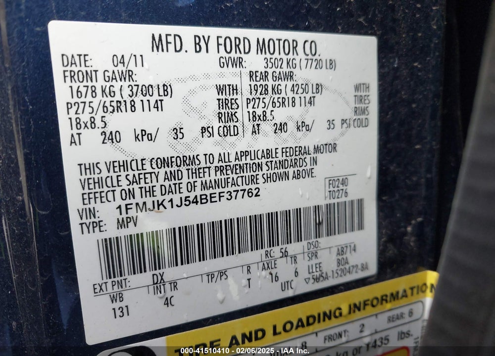 2011 FORD EXPEDITION EL XLT VIN: 1FMJK1J54BEF37762