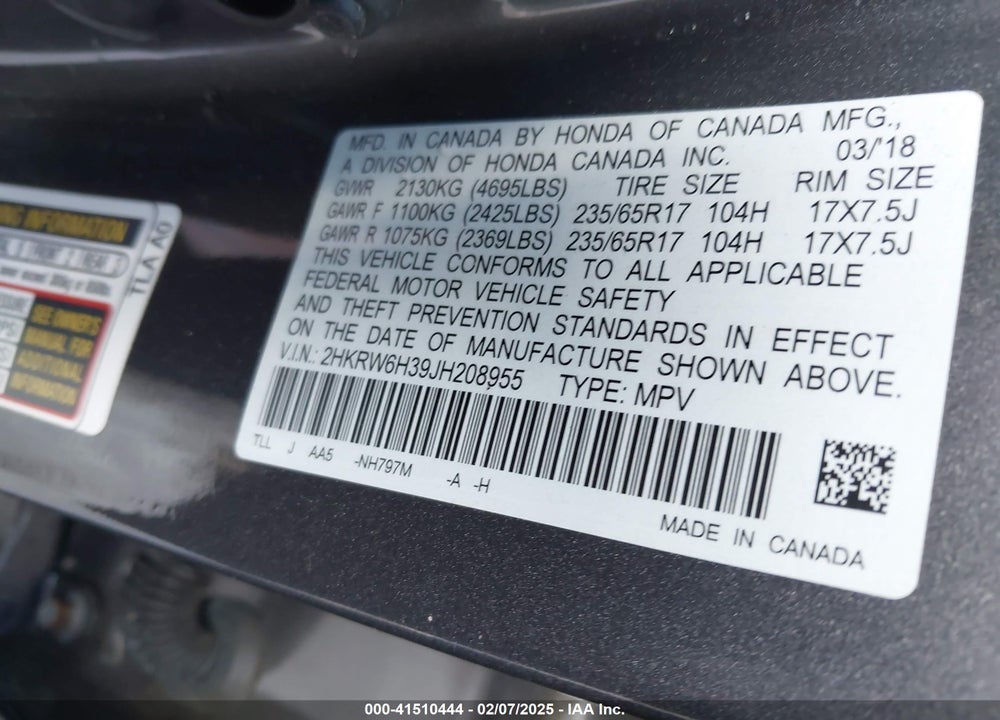 2018 HONDA CR-V VIN: 2HKRW6H39JH208955