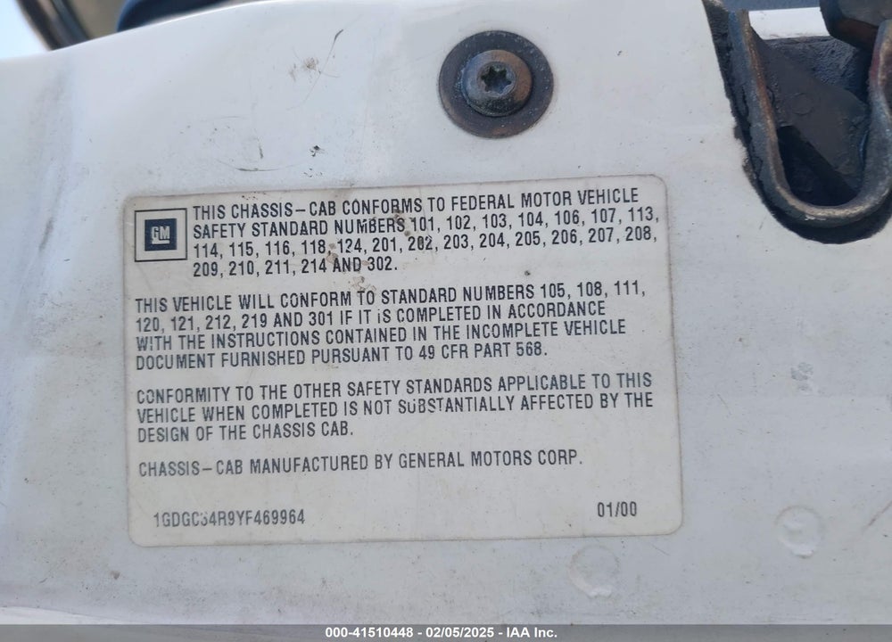 2000 GMC SIERRA 3500 CHASSIS CLASSIC SL VIN: 1GDGC34R9YF469964