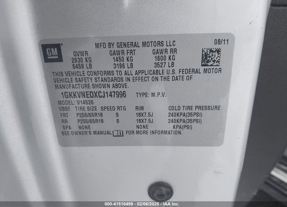 2012 GMC ACADIA SL VIN: 1GKKVNEDXCJ147996