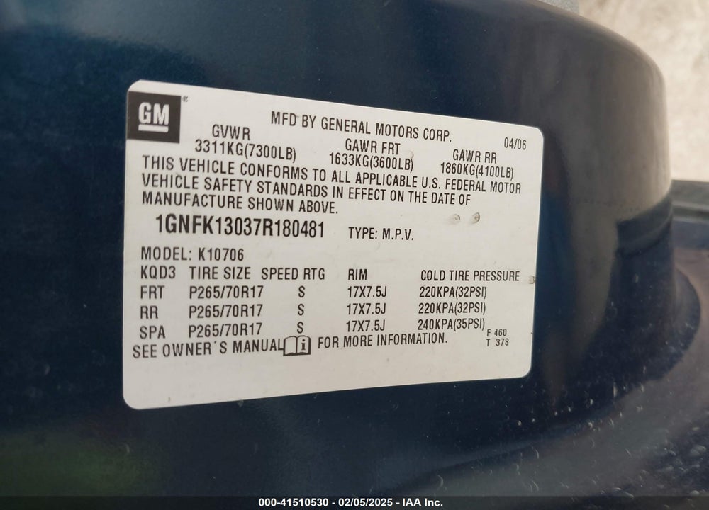 2007 CHEVROLET TAHOE LT VIN: 1GNFK13037R180481
