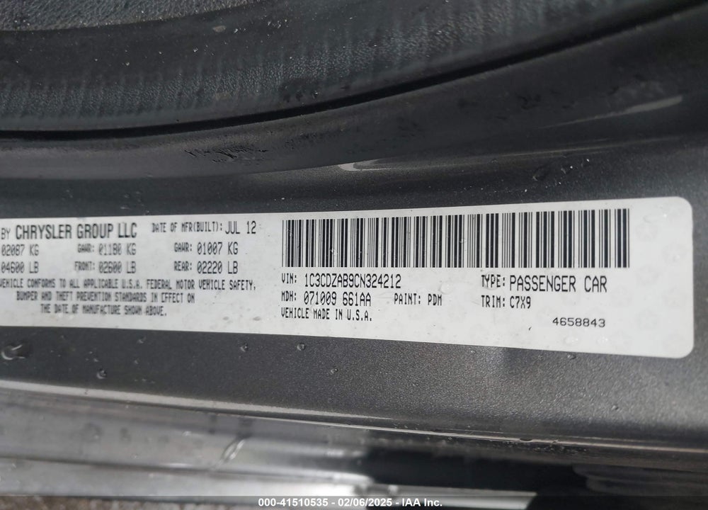 2012 DODGE AVENGER VIN: 1C3CDZAB9CN324212
