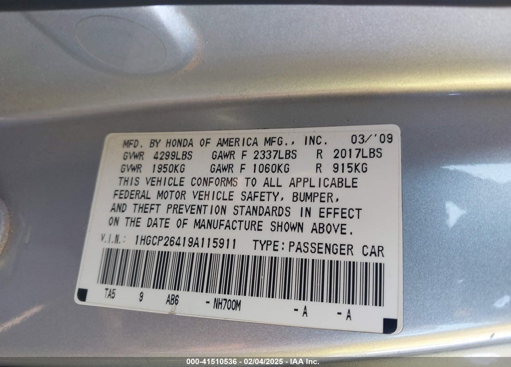 2009 HONDA ACCORD 2.4 LX-P VIN: 1HGCP26419A115911