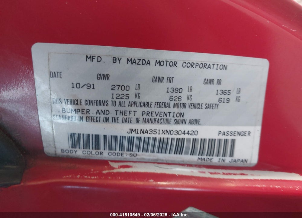 1992 MAZDA MX-5 MIATA VIN: JM1NA351XN0304420