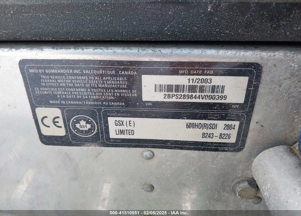 2004 SKI DOO OTHER VIN: 2BPS289844V000399