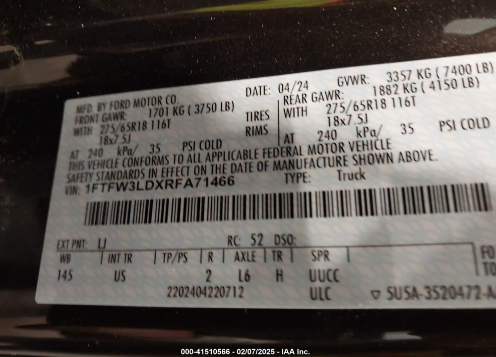 2024 FORD F-150 VIN: 1FTFW3LDXRFA71466