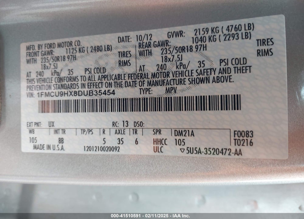 2013 FORD ESCAPE SEL VIN: 1FMCU9HX8DUB35454