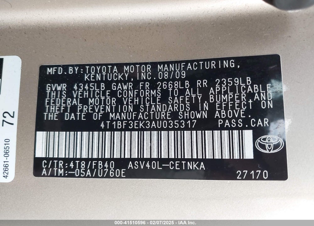 2010 TOYOTA CAMRY LE VIN: 4T1BF3EK3AU035317