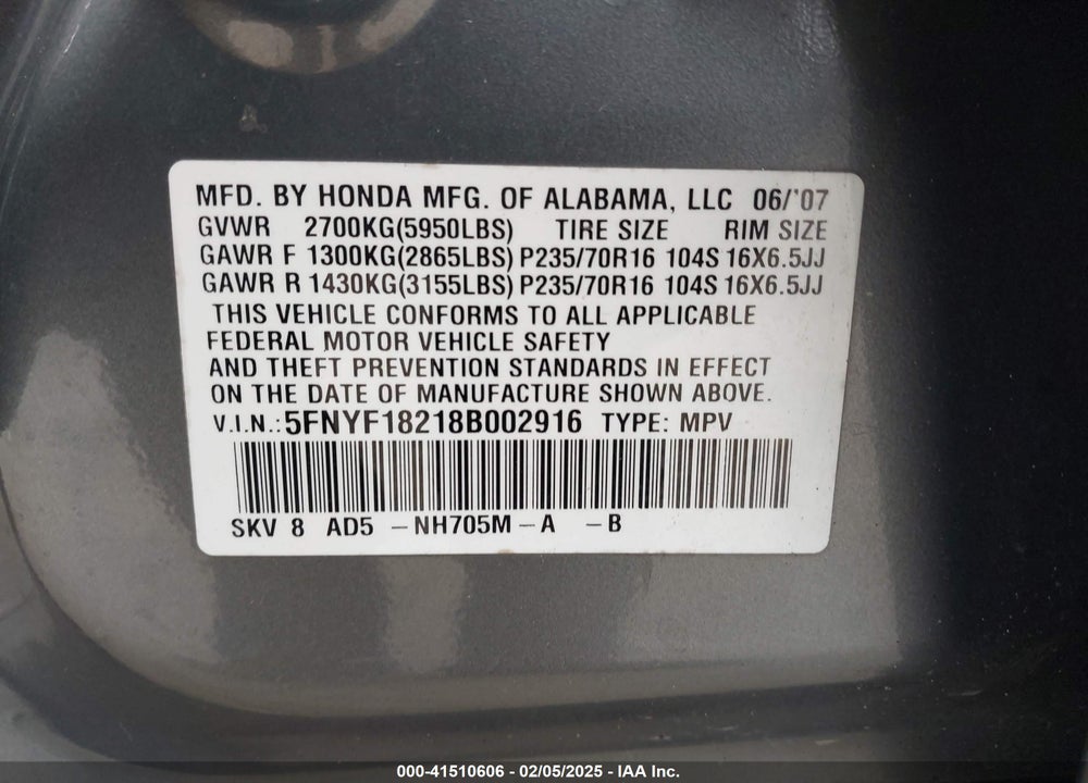 2008 HONDA PILOT VP VIN: 5FNYF18218B002916