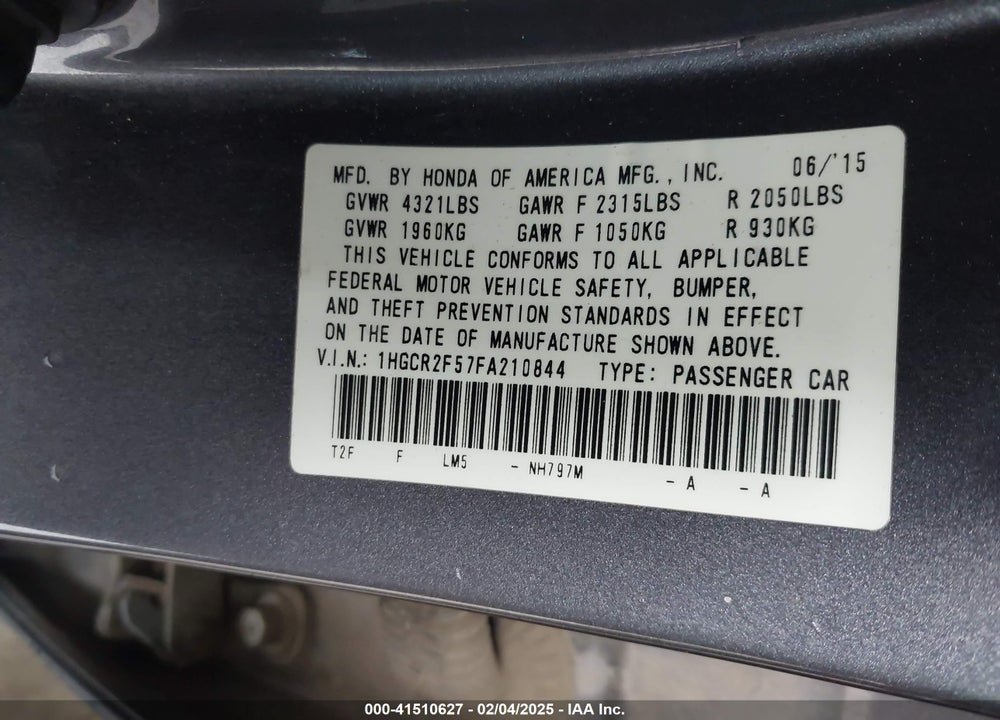 2015 HONDA ACCORD VIN: 1HGCR2F57FA210844