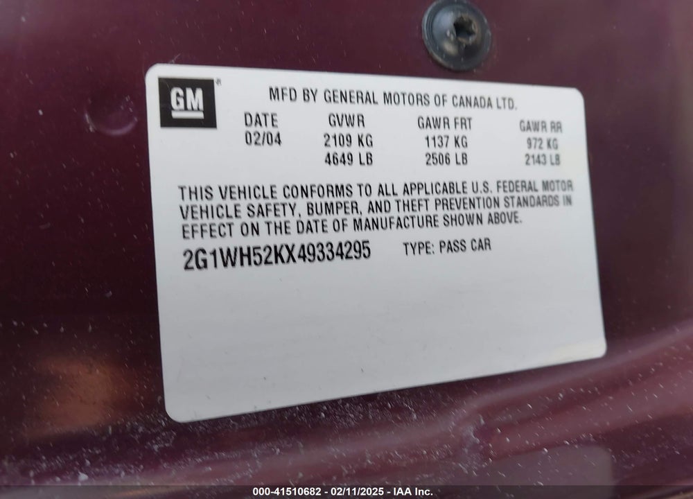2004 CHEVROLET IMPALA LS VIN: 2G1WH52KX49334295