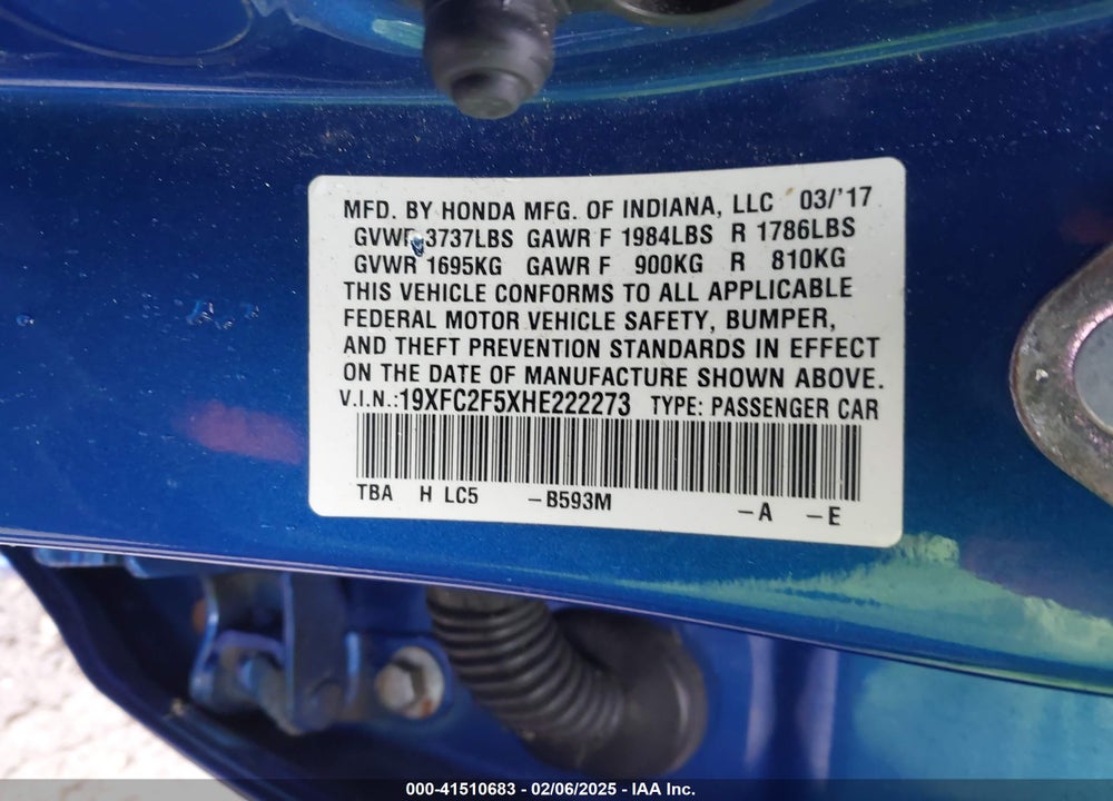 2017 HONDA CIVIC VIN: 19XFC2F5XHE222273
