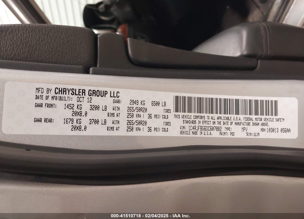 2013 JEEP GRAND CHEROKEE LIMITED VIN: 1C4RJFBG6DC607882