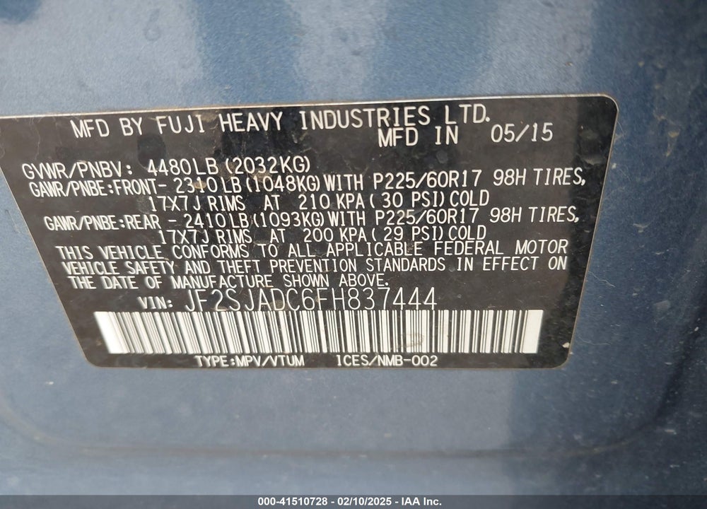 2015 SUBARU FORESTER 2.5I PREMIUM VIN: JF2SJADC6FH837444