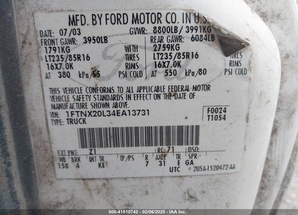 2004 FORD F-250 LARIAT/XL/XLT VIN: 1FTNX20L34EA13731