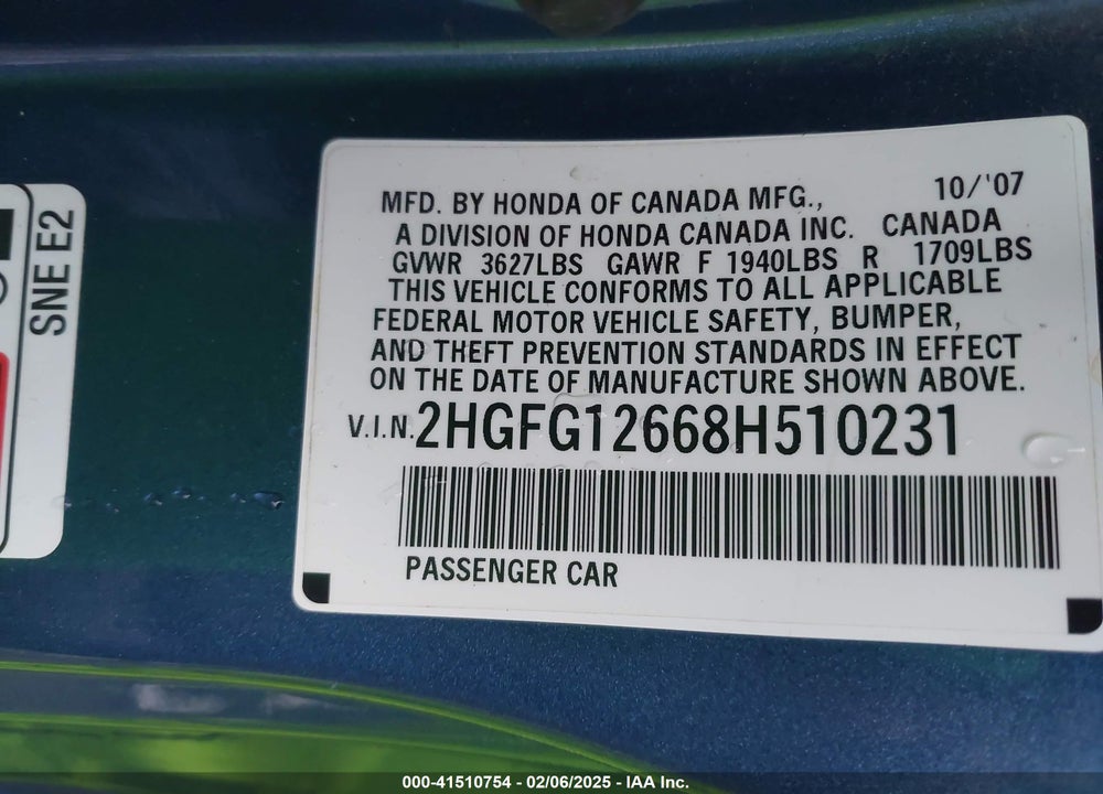 2008 HONDA CIVIC LX VIN: 2HGFG12668H510231