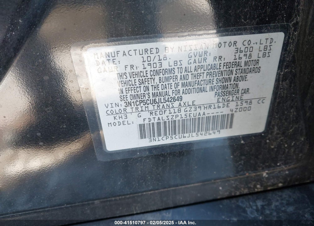 2018 NISSAN KICKS SV VIN: 3N1CP5CU6JL542649