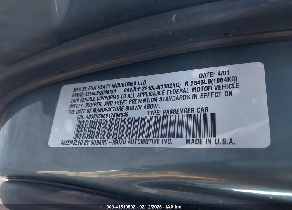 2001 SUBARU OUTBACK LIMITED VIN: 4S3BH686617666849