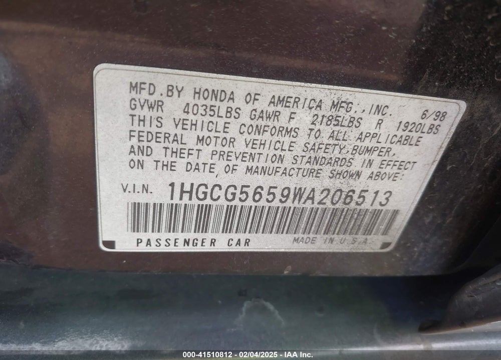 1998 HONDA ACCORD EX VIN: 1HGCG5659WA206513