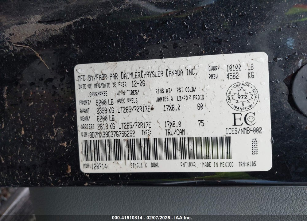 2007 DODGE RAM 3500 SLT VIN: 3D7MX39C37G756252