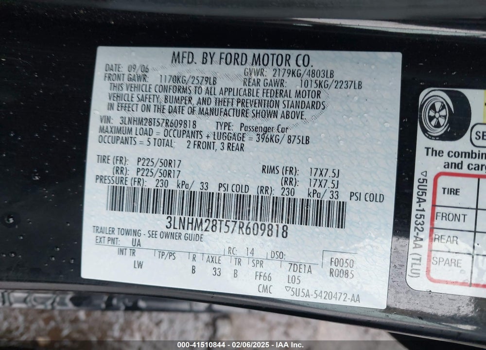 2007 LINCOLN MKZ VIN: 3LNHM28T57R609818