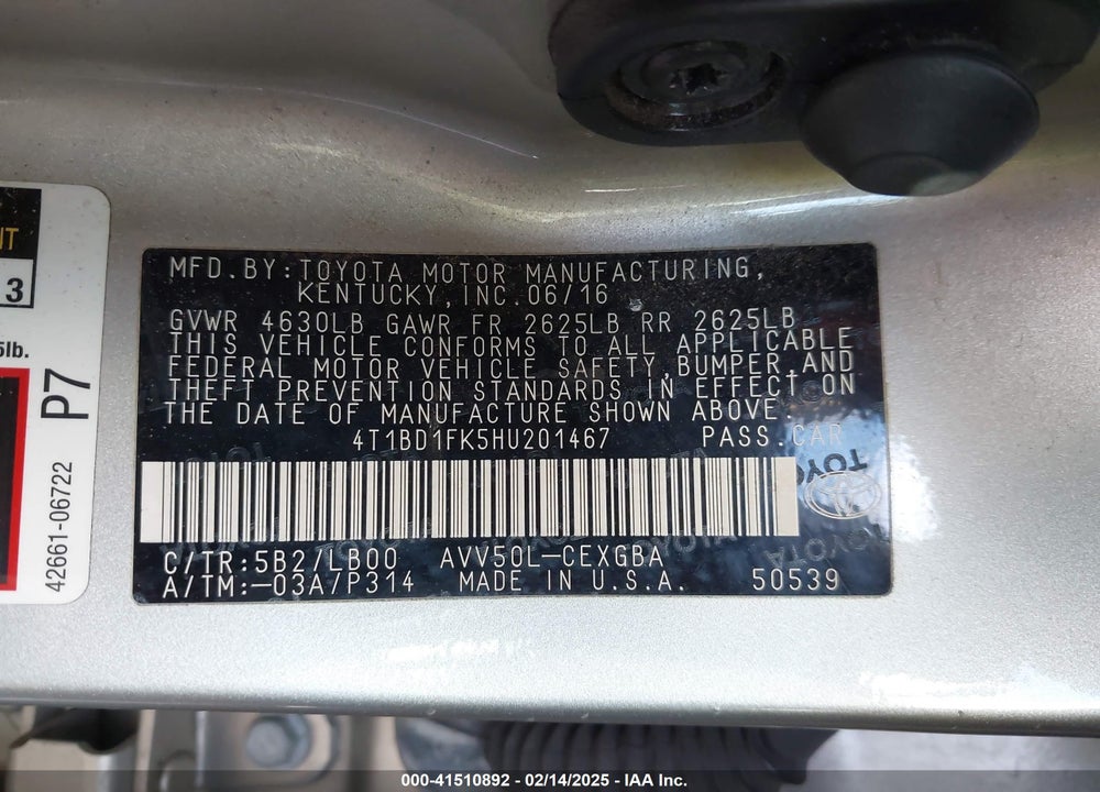 2017 TOYOTA CAMRY HYBRID XLE VIN: 4T1BD1FK5HU201467